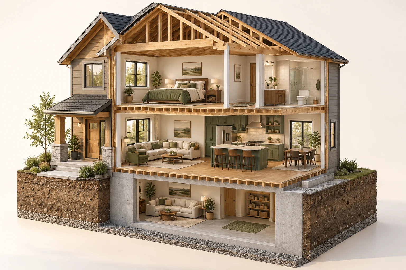Original conceptual two-storey home cutaway with furnished rooms, timber framing and a concrete basement.