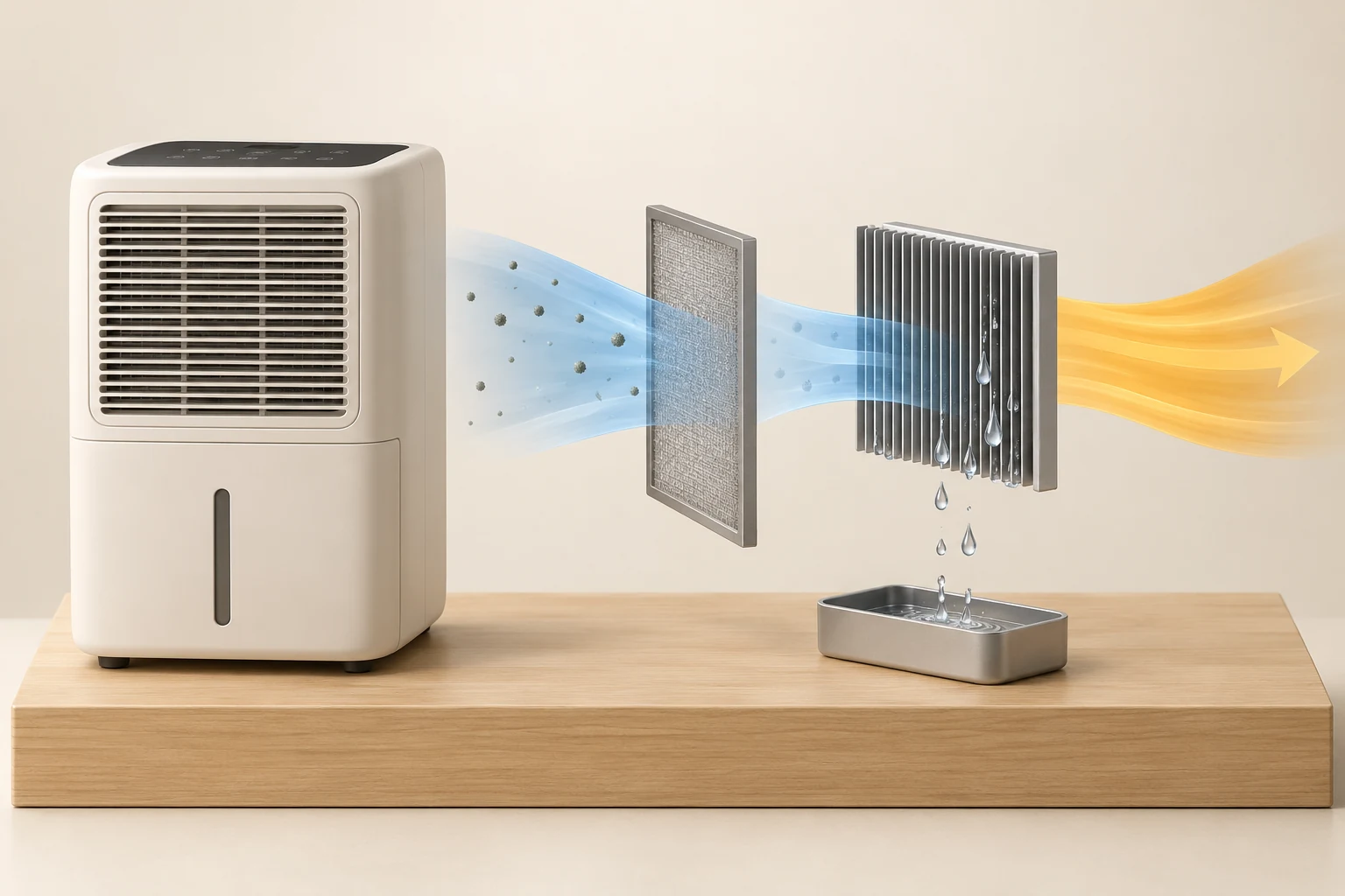 The retained conceptual picture places a closed portable cabinet at the left, a separate mesh filter, a finned surface with droplets and a lower tray. A blue band passes across the separate forms and a yellow arrow points right. No joined cabinet or complete refrigerant loop is drawn.