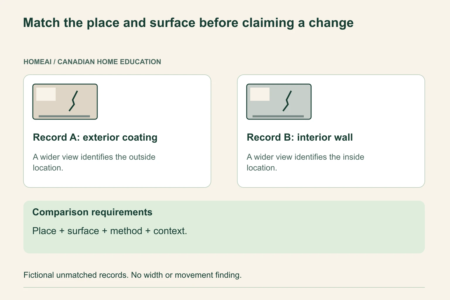 An exterior coating image and an interior wall image can show different things. Keep them unmatched until the component, location and surface information establish what can actually be compared. Record A: exterior coating: A wider view identifies the outside location. Record B: interior wall: A wider view identifies the inside location. Comparison requirements: Place + surface + method + context. No measured width, growth rate, physical movement, cause or stability finding is represented.