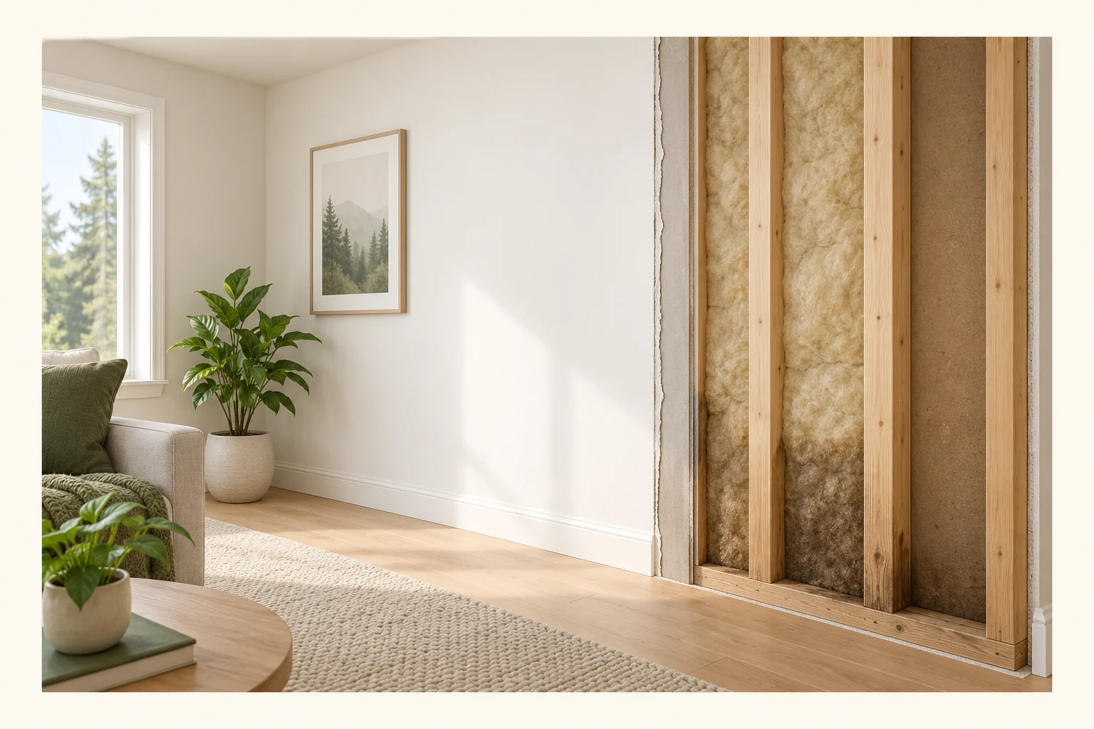 Clean-looking painted room wall is beside an architectural cutaway showing framing, insulation and darker areas low in the hidden layers.