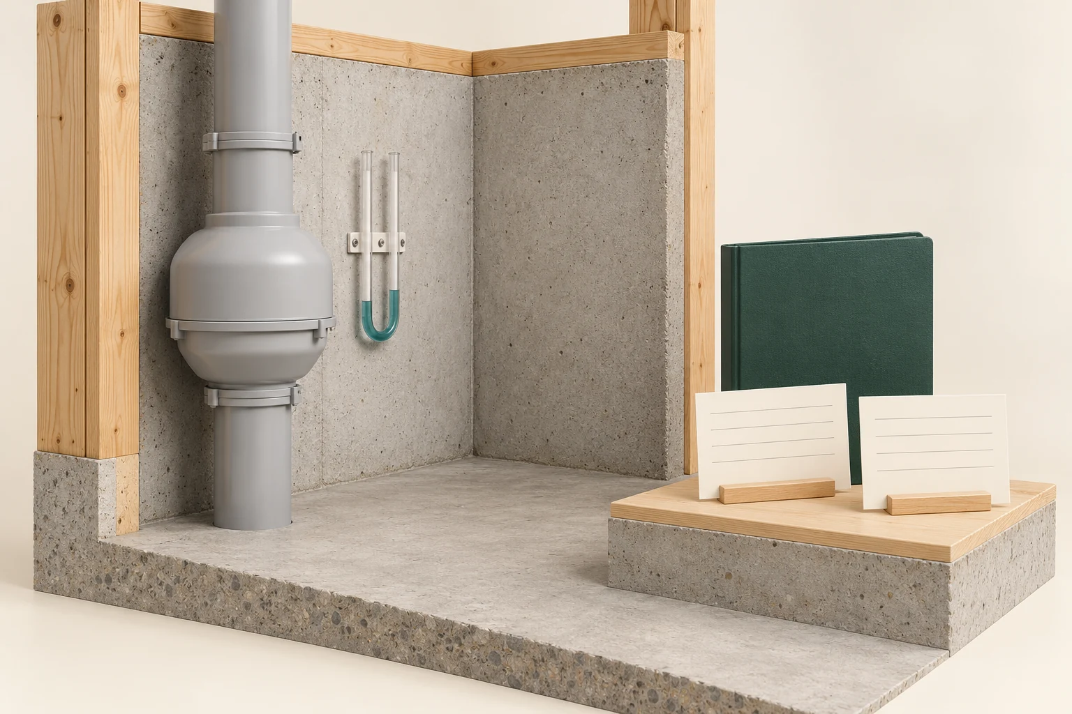 Conceptual timber-edged concrete specimen with a cropped vertical pipe and closed bulbous fan-like housing, a separate wall-fixed U-shaped tube containing teal liquid with no visible pipe connection, and blank cards beside green record folders