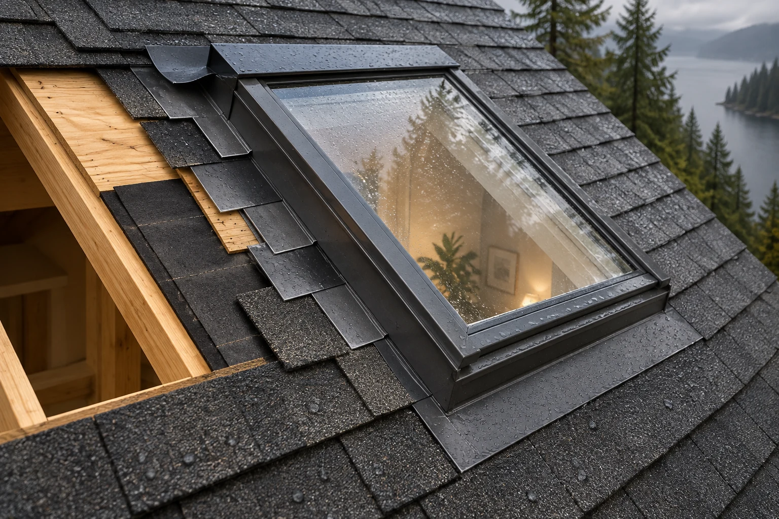 Close exterior roof view with a skylight, overlapping metal side pieces, shingles and an adjacent cutaway exposing deck and dark underlay.