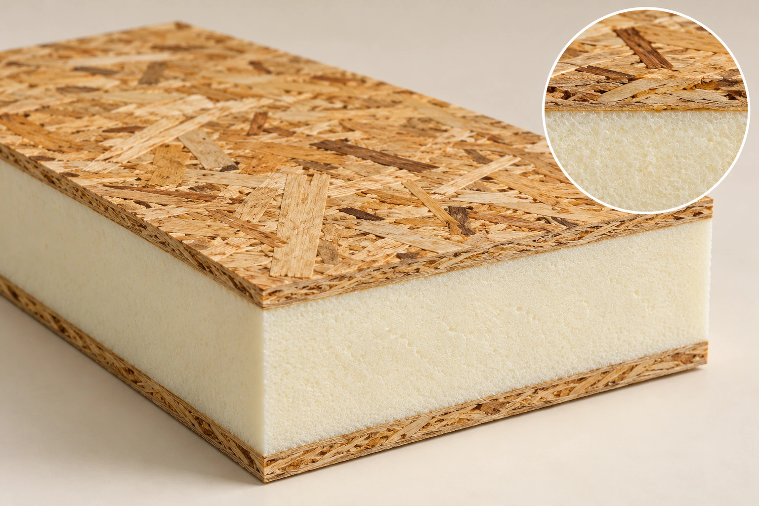 Two skins and a bonded core work together. The two wood skins and foam core act together through their bonded interfaces. A panel cannot be understood by reading the insulation core's thermal value alone.
