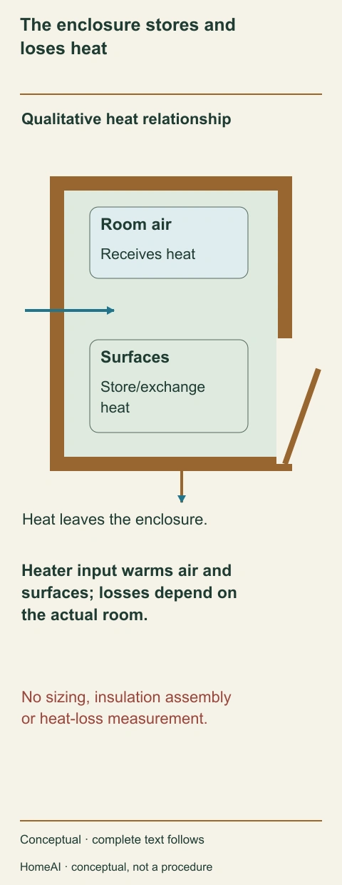 An unscaled room cross-section labels heat input, air and surface storage, enclosure and door-related heat loss.