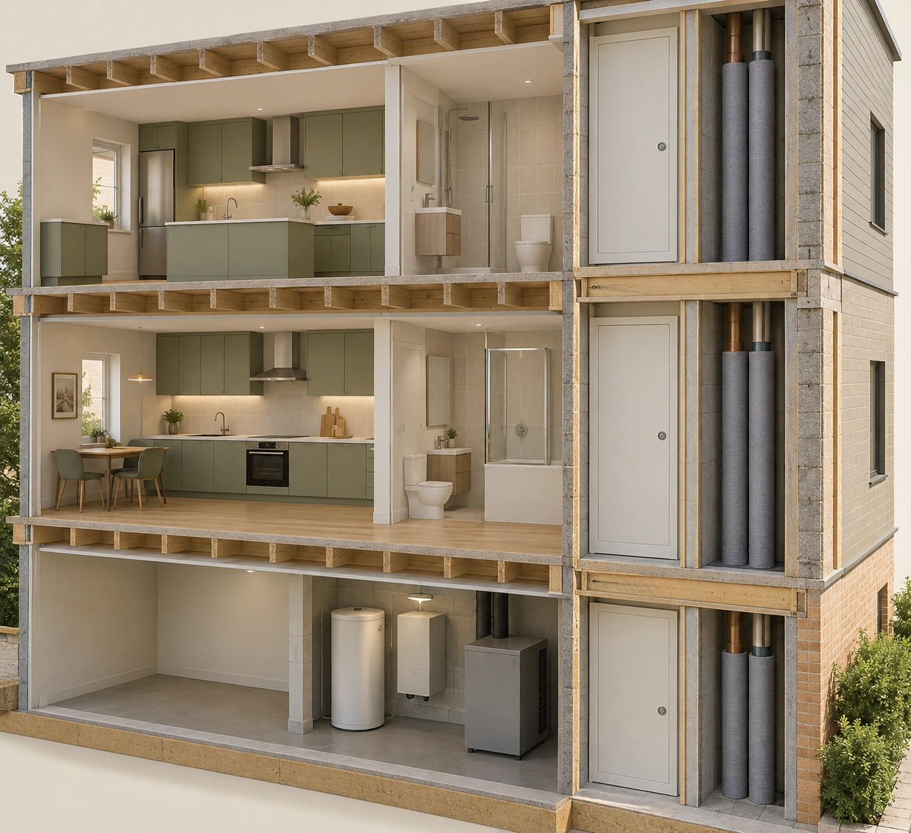 Apartment-building cutaway with two furnished residential levels and a lower equipment area, a right-side shaft containing two insulated vertical pipe forms and closed service covers.