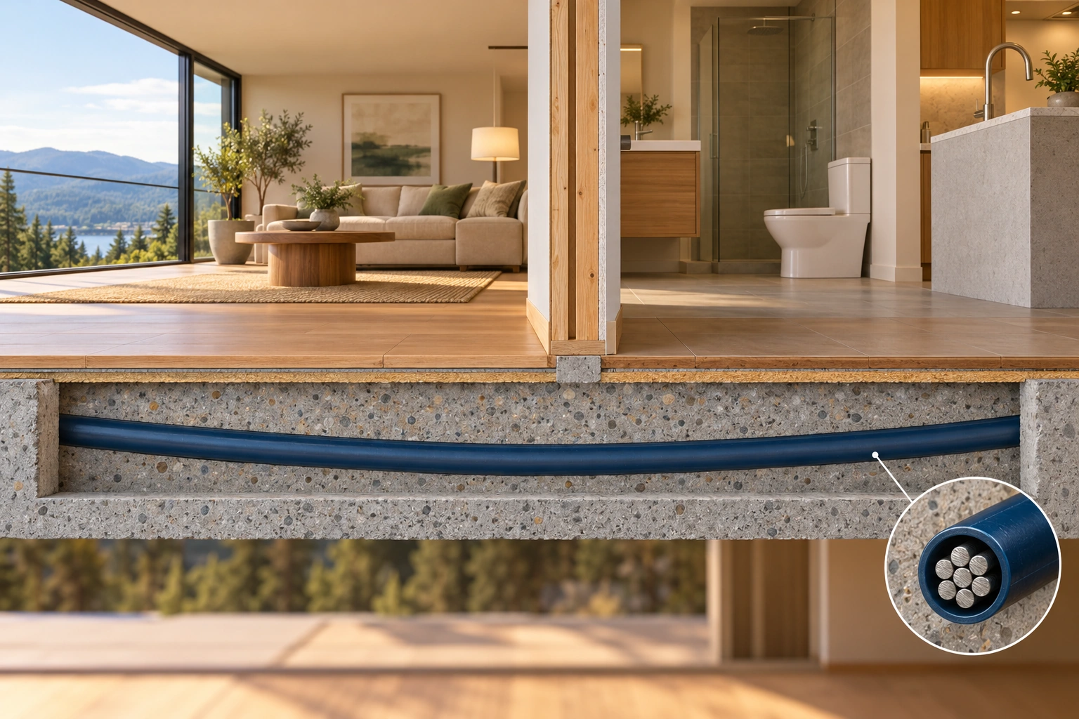 The visible room and concealed structural route are different layers. A continuous dark-blue sheathed tendon route curves through the conceptual floor cutaway beneath the living and bathroom areas. An inset shows a strand inside the sheath; the anchorage lies outside this view.
